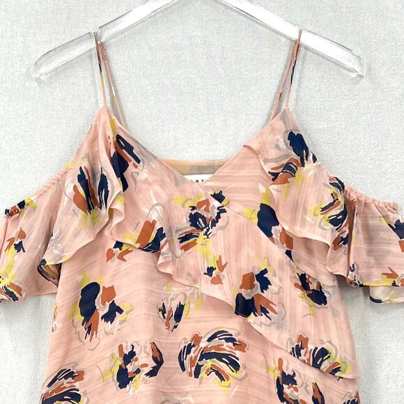 TANYA TAYLOR Chiara Silk Cold Shoulder Top Womens 4 Pink Abstract Floral Ruffle - Picture 5 of 16